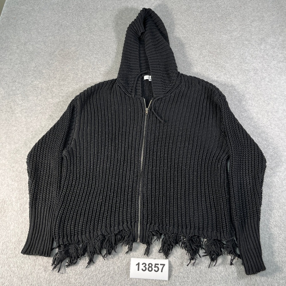 Purple Snow Cardigan Sweater Women XL Black Cotton Chunky Knit Frayed Hem Hooded